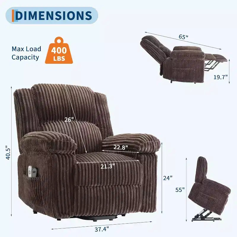 Power Lift Recliner Chair with Heat and Massage, Plush Corduroy Upholstery, Electric Reclining Lift Chair for Elderly, Living Room
