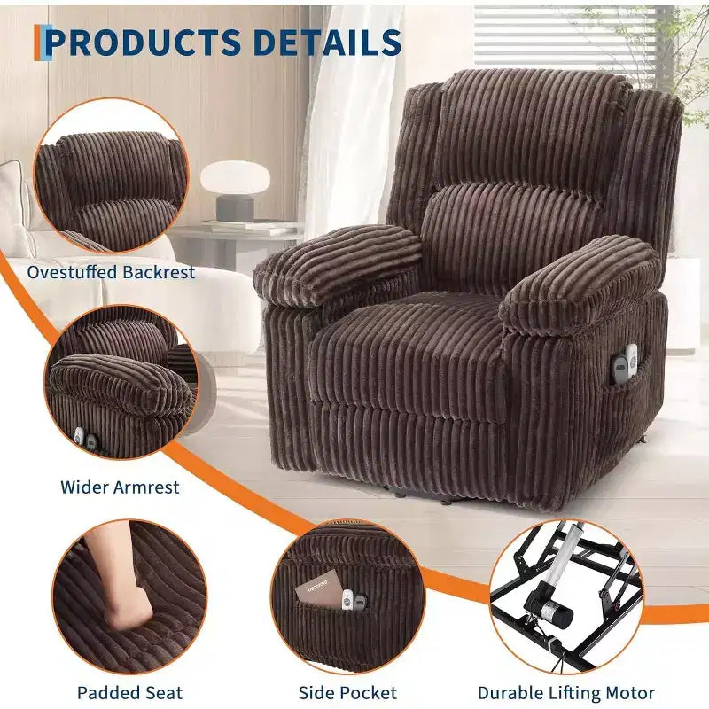 Power Lift Recliner Chair with Heat and Massage, Plush Corduroy Upholstery, Electric Reclining Lift Chair for Elderly, Living Room