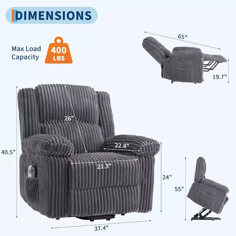 Power Lift Recliner Chair with Heat and Massage, Plush Corduroy Upholstery, Electric Reclining Lift Chair for Elderly, Living Room