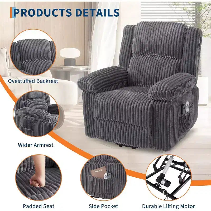 Power Lift Recliner Chair with Heat and Massage, Plush Corduroy Upholstery, Electric Reclining Lift Chair for Elderly, Living Room