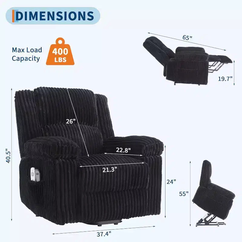 Power Lift Recliner Chair with Heat and Massage, Plush Corduroy Upholstery, Electric Reclining Lift Chair for Elderly, Living Room