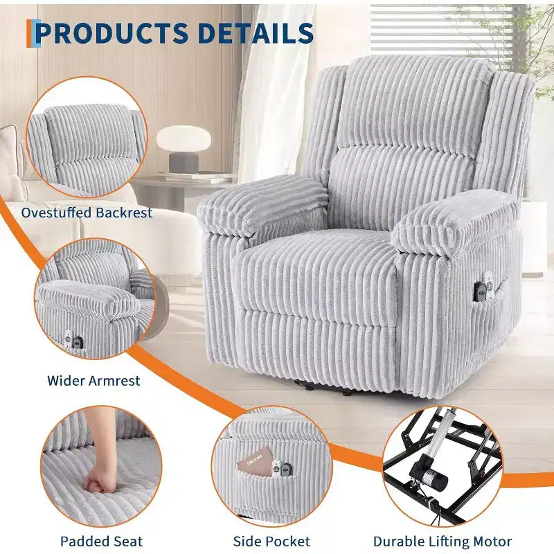 Power Lift Recliner Chair with Heat and Massage, Plush Corduroy Upholstery, Electric Reclining Lift Chair for Elderly, Living Room