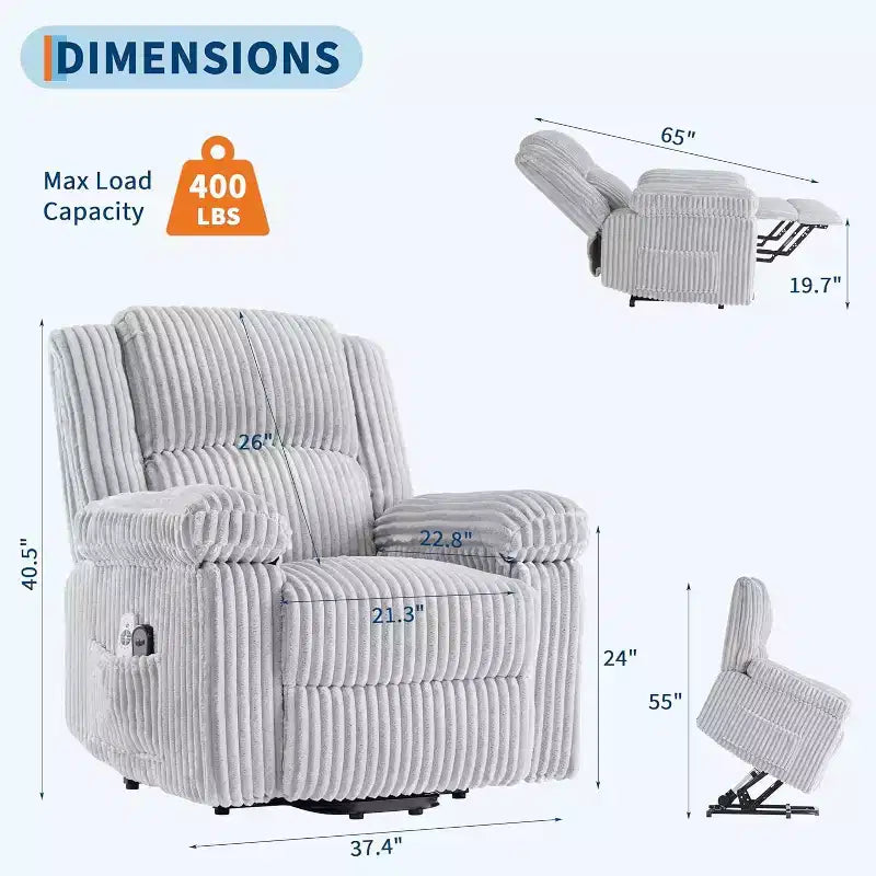 Power Lift Recliner Chair with Heat and Massage, Plush Corduroy Upholstery, Electric Reclining Lift Chair for Elderly, Living Room