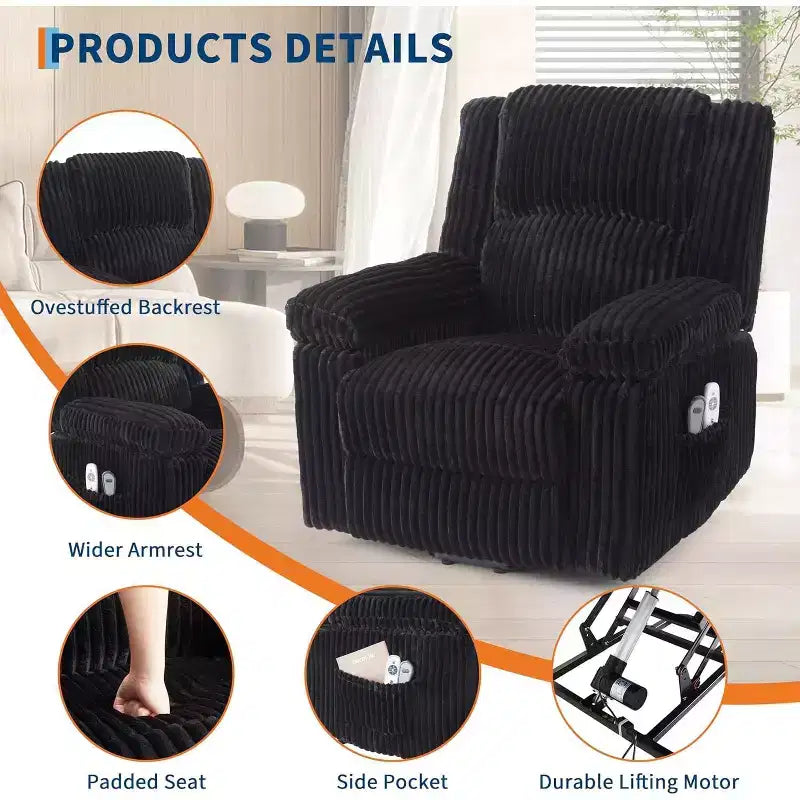 Power Lift Recliner Chair with Heat and Massage, Plush Corduroy Upholstery, Electric Reclining Lift Chair for Elderly, Living Room