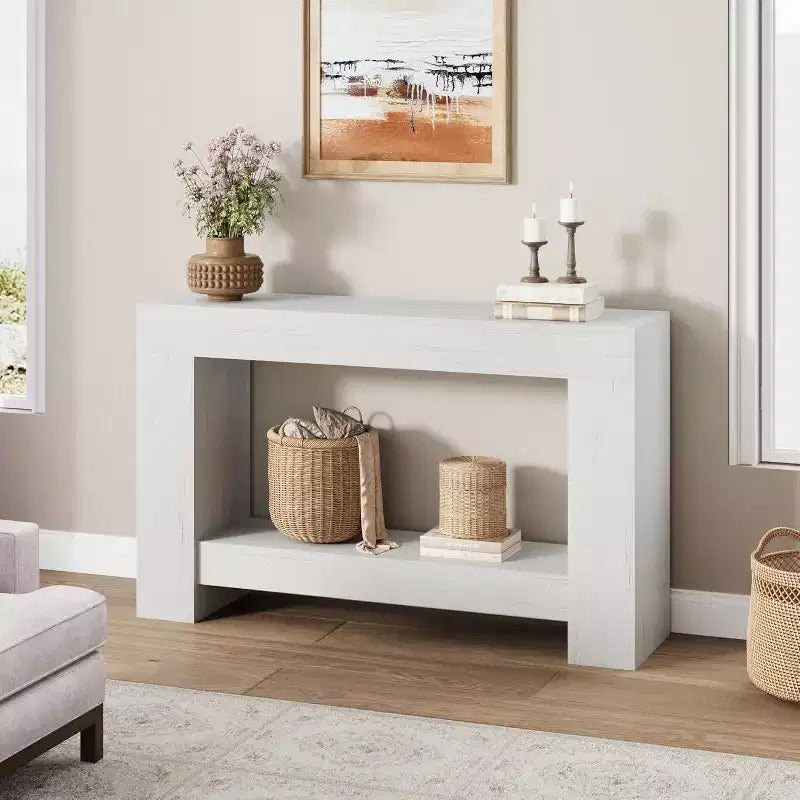 47 Farmhouse Console Table with 2 Tiers and Storage  Large Wooden Sofa Table for Entryway, Hallway and Living Room
