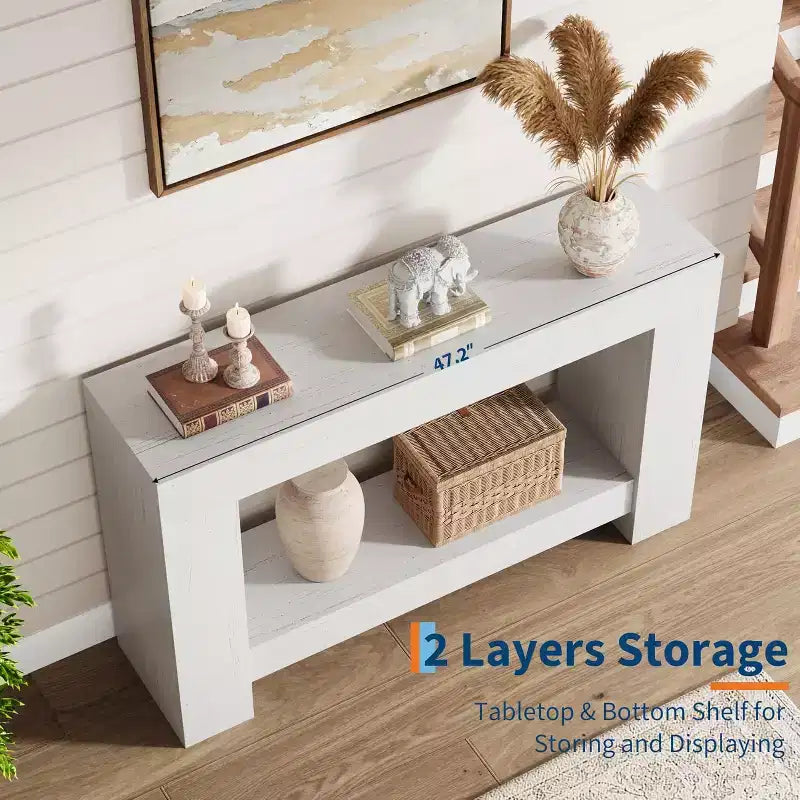 47 Farmhouse Console Table with 2 Tiers and Storage  Large Wooden Sofa Table for Entryway, Hallway and Living Room
