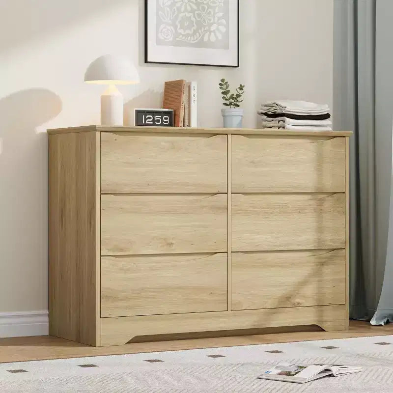 Wooden Dresser with 6 Drawers, Tall Modern Closet with Deep Storage, Large Chest of Drawers with Wide Top, Long Storage Dresser for Bedroom