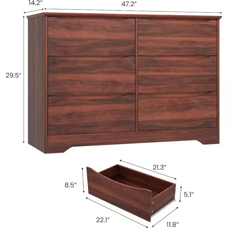Wooden Dresser with 6 Drawers, Tall Modern Closet with Deep Storage, Large Chest of Drawers with Wide Top, Long Storage Dresser for Bedroom