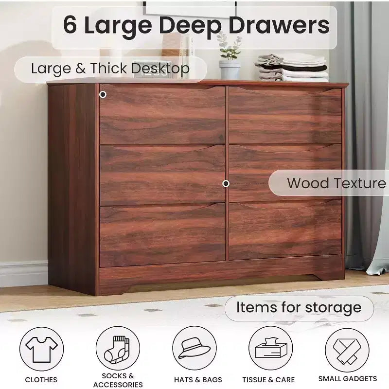 Wooden Dresser with 6 Drawers, Tall Modern Closet with Deep Storage, Large Chest of Drawers with Wide Top, Long Storage Dresser for Bedroom