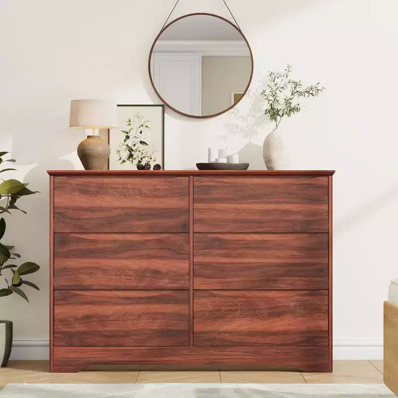 Wooden Dresser with 6 Drawers, Tall Modern Closet with Deep Storage, Large Chest of Drawers with Wide Top, Long Storage Dresser for Bedroom