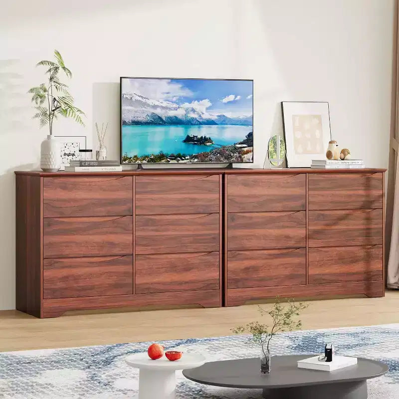 Wooden Dresser with 6 Drawers, Tall Modern Closet with Deep Storage, Large Chest of Drawers with Wide Top, Long Storage Dresser for Bedroom