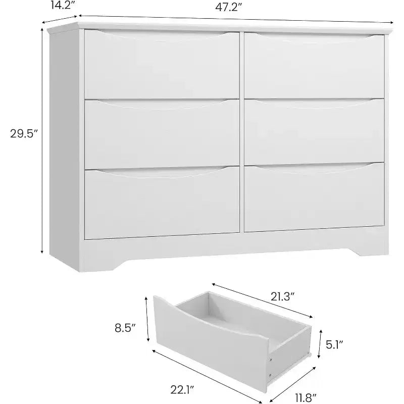 Wooden Dresser with 6 Drawers, Tall Modern Closet with Deep Storage, Large Chest of Drawers with Wide Top, Long Storage Dresser for Bedroom