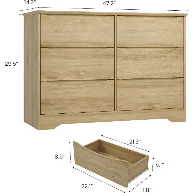 Wooden Dresser with 6 Drawers, Tall Modern Closet with Deep Storage, Large Chest of Drawers with Wide Top, Long Storage Dresser for Bedroom