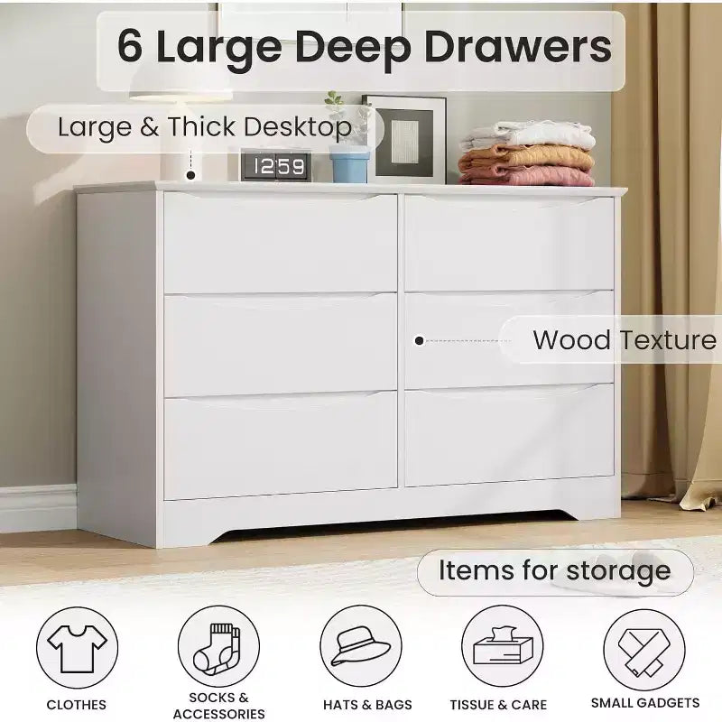 Wooden Dresser with 6 Drawers, Tall Modern Closet with Deep Storage, Large Chest of Drawers with Wide Top, Long Storage Dresser for Bedroom