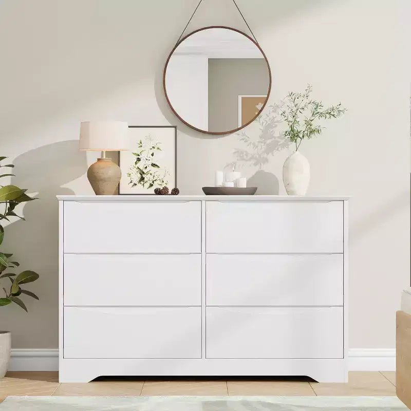 Wooden Dresser with 6 Drawers, Tall Modern Closet with Deep Storage, Large Chest of Drawers with Wide Top, Long Storage Dresser for Bedroom