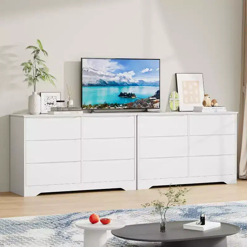 Wooden Dresser with 6 Drawers, Tall Modern Closet with Deep Storage, Large Chest of Drawers with Wide Top, Long Storage Dresser for Bedroom