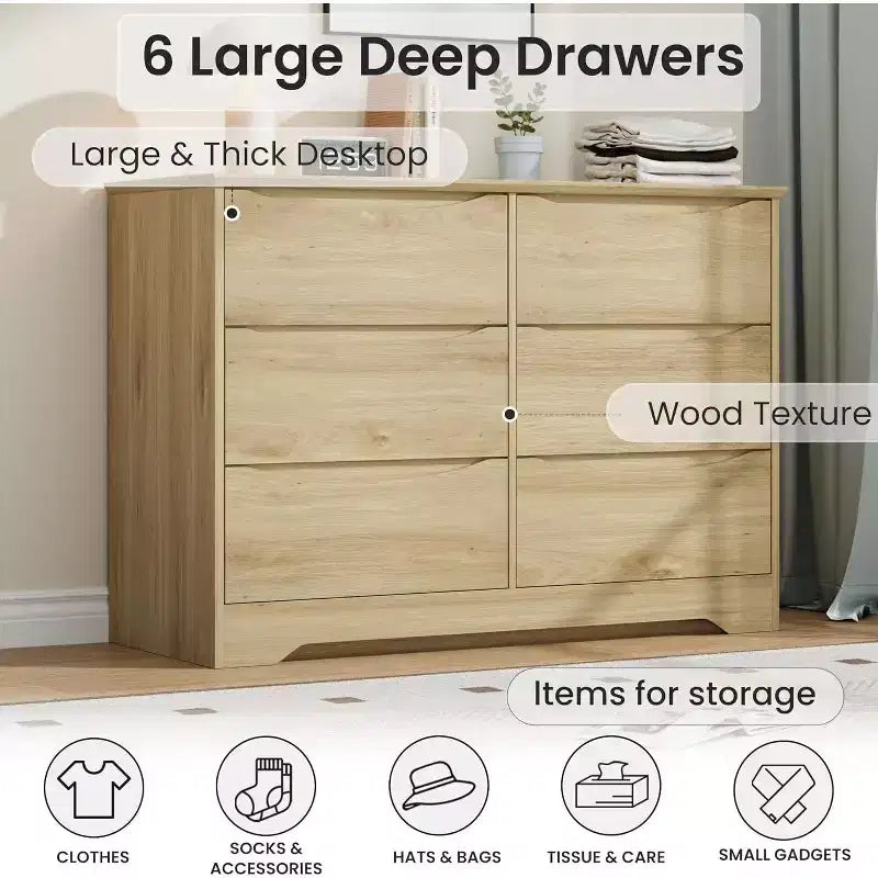 Wooden Dresser with 6 Drawers, Tall Modern Closet with Deep Storage, Large Chest of Drawers with Wide Top, Long Storage Dresser for Bedroom