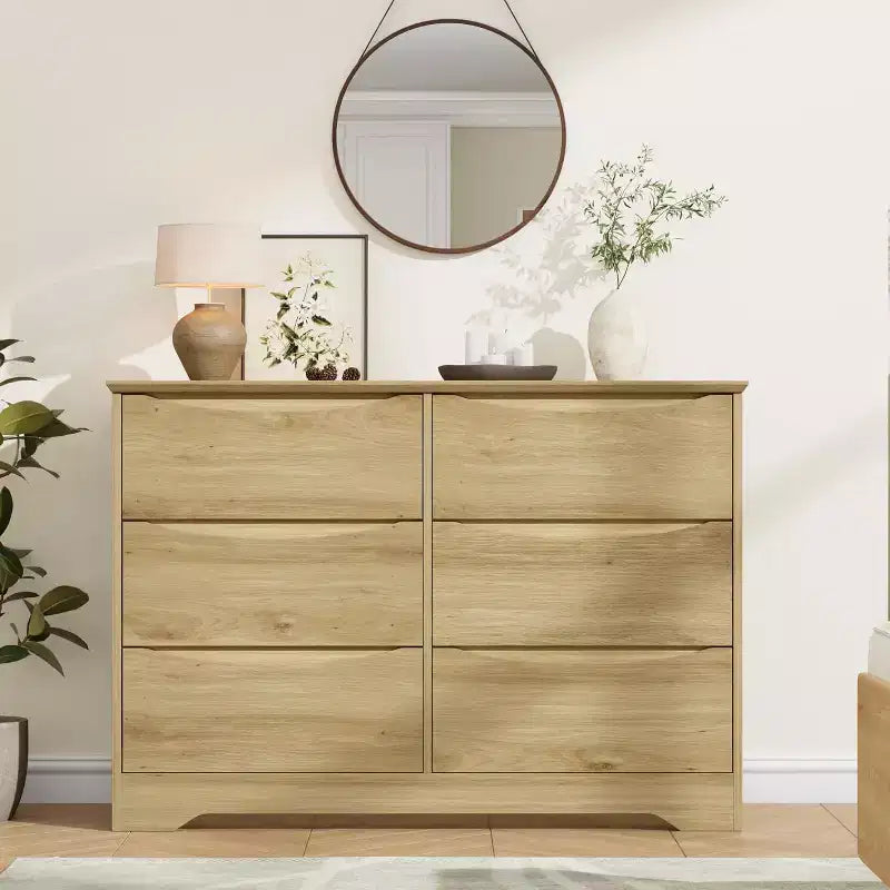 Wooden Dresser with 6 Drawers, Tall Modern Closet with Deep Storage, Large Chest of Drawers with Wide Top, Long Storage Dresser for Bedroom