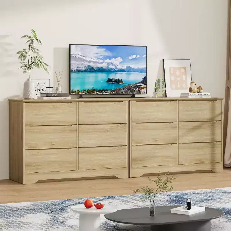 Wooden Dresser with 6 Drawers, Tall Modern Closet with Deep Storage, Large Chest of Drawers with Wide Top, Long Storage Dresser for Bedroom
