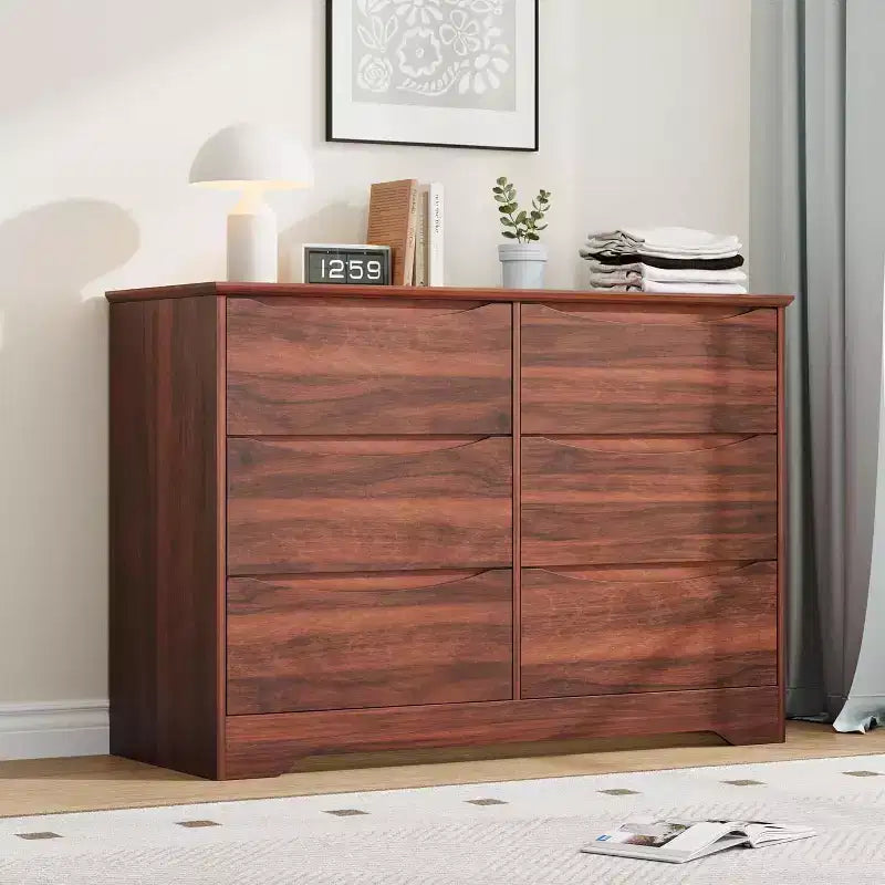 Wooden Dresser with 6 Drawers, Tall Modern Closet with Deep Storage, Large Chest of Drawers with Wide Top, Long Storage Dresser for Bedroom