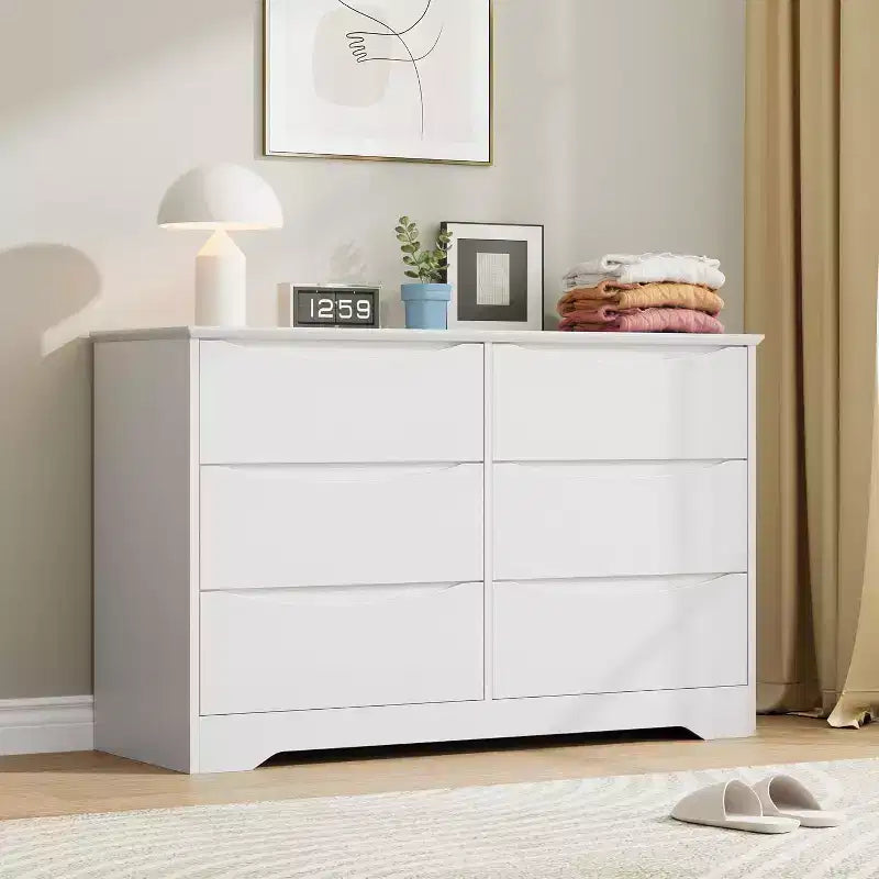 Wooden Dresser with 6 Drawers, Tall Modern Closet with Deep Storage, Large Chest of Drawers with Wide Top, Long Storage Dresser for Bedroom