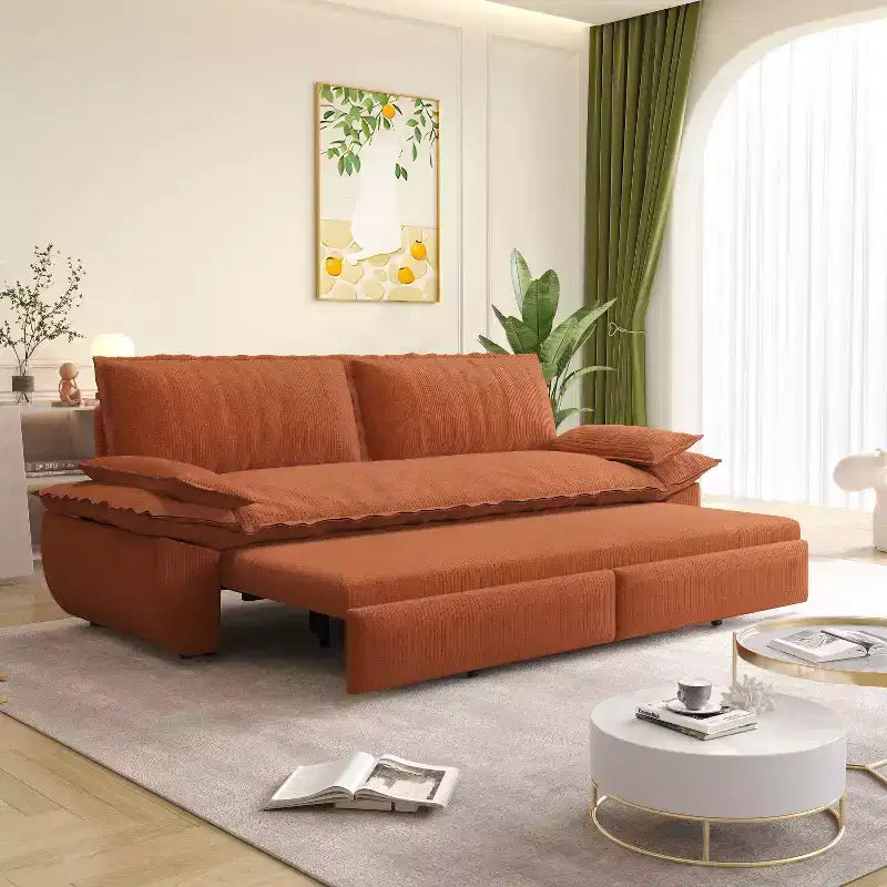73.2 Queen Pull Out Sofa Bed, 3-in-1 Convertible Sleeper Sofa, Multifunctional Velvet Loveseat Bed Orange