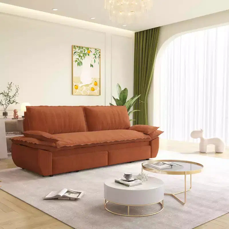 73.2 Queen Pull Out Sofa Bed, 3-in-1 Convertible Sleeper Sofa, Multifunctional Velvet Loveseat Bed Orange