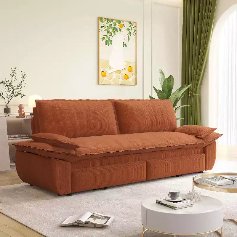 73.2 Queen Pull Out Sofa Bed, 3-in-1 Convertible Sleeper Sofa, Multifunctional Velvet Loveseat Bed Orange
