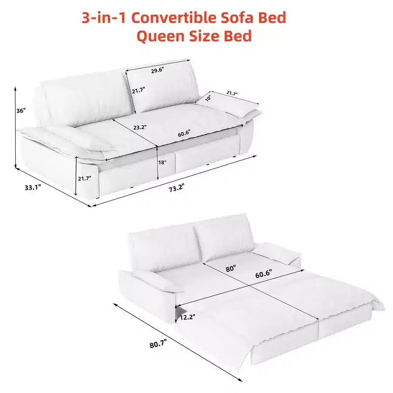 Canapé-lit queen size 73,2 po, convertible 3-en-1, canapé-lit multifonctionnel en velours orange
