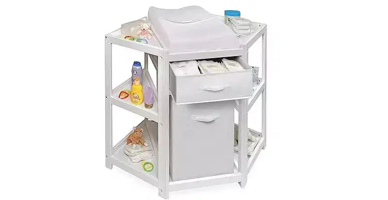 Table à langer d'angle avec panier à linge et tiroir de rangement, organiseur de chambre de bébé peu encombrant avec ceinture de sécurité et matelas à langer