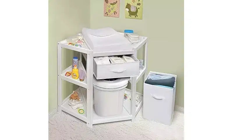 Table à langer d'angle avec panier à linge et tiroir de rangement, organiseur de chambre de bébé peu encombrant avec ceinture de sécurité et matelas à langer