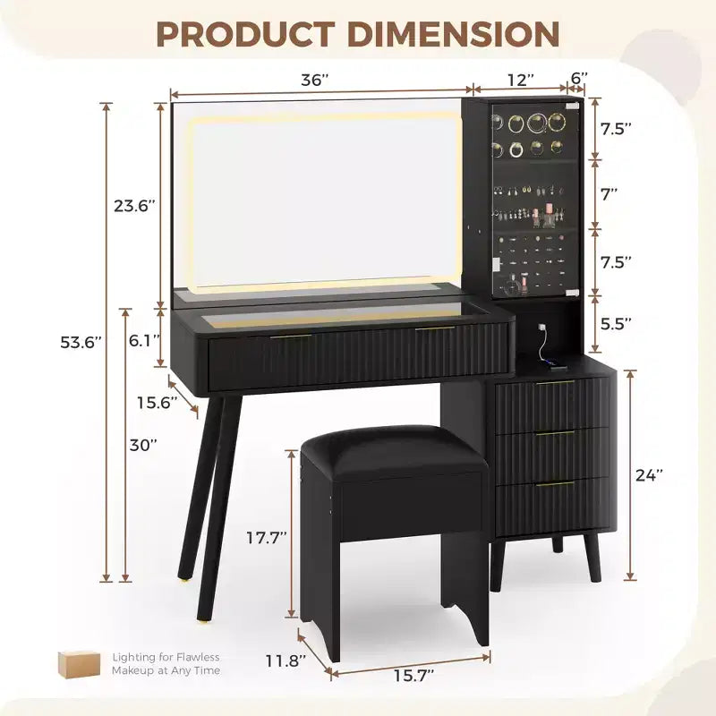 Vanity Desk with Mirror and Lights, 3-Color LED Makeup Vanity with Storage Drawers, Glass Top Dressing Table for Bedroom