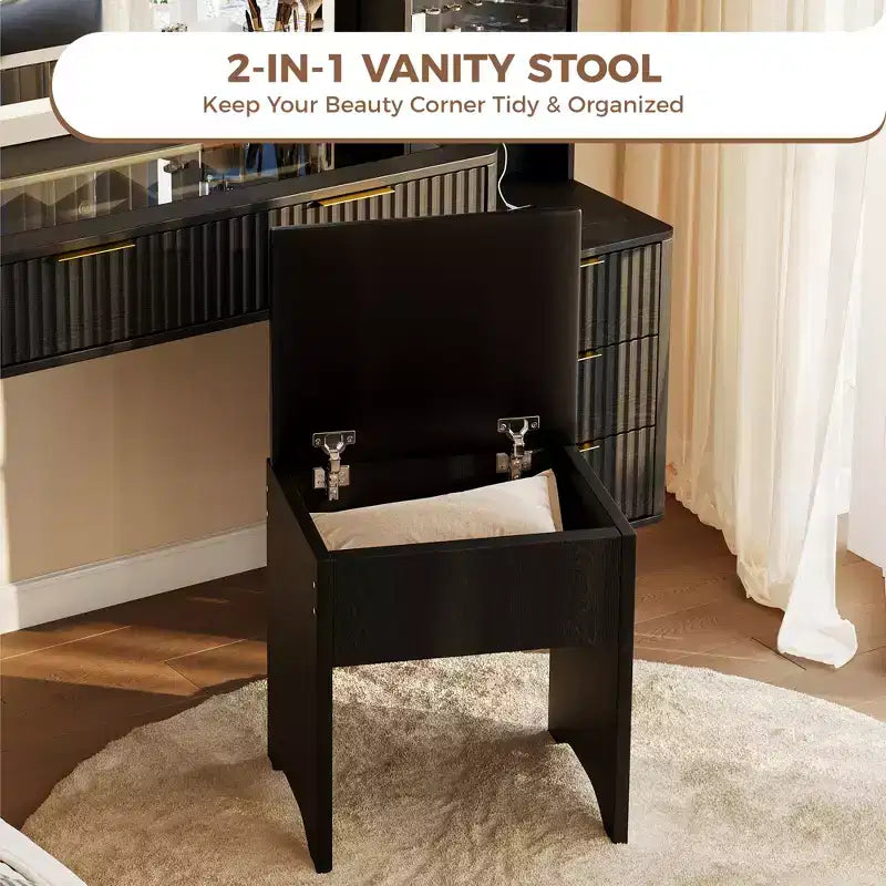 Vanity Desk with Mirror and Lights, 3-Color LED Makeup Vanity with Storage Drawers, Glass Top Dressing Table for Bedroom