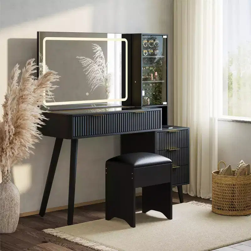 Vanity Desk with Mirror and Lights, 3-Color LED Makeup Vanity with Storage Drawers, Glass Top Dressing Table for Bedroom