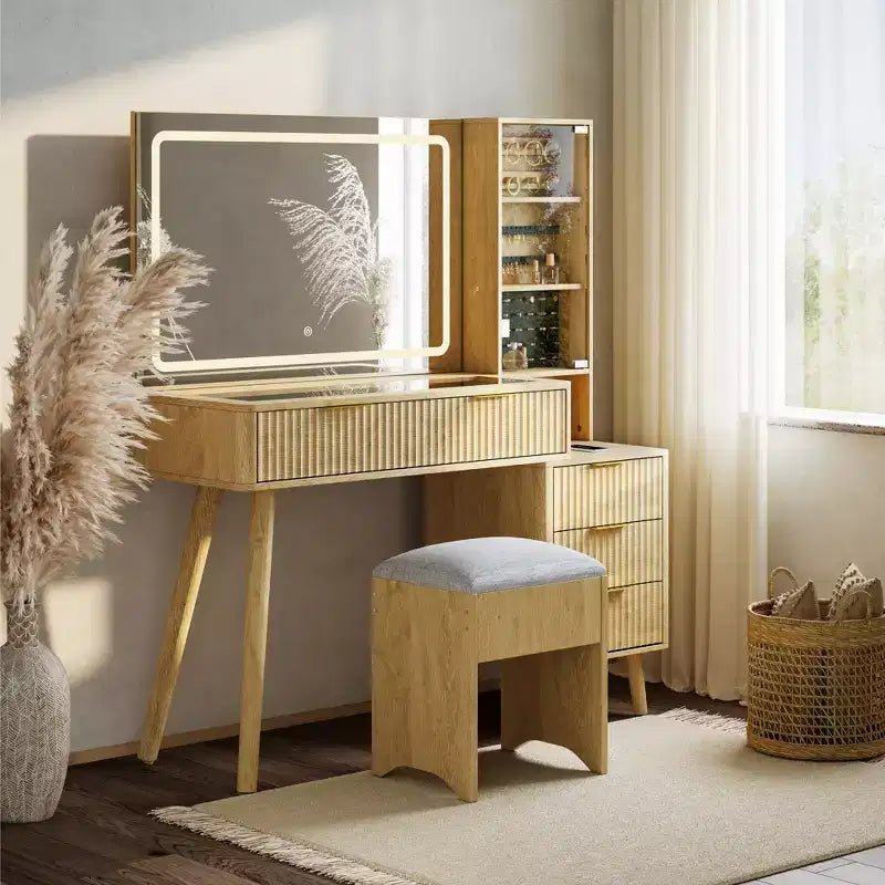 Vanity Desk with Mirror and Lights, 3-Color LED Makeup Vanity with Storage Drawers, Glass Top Dressing Table for Bedroom