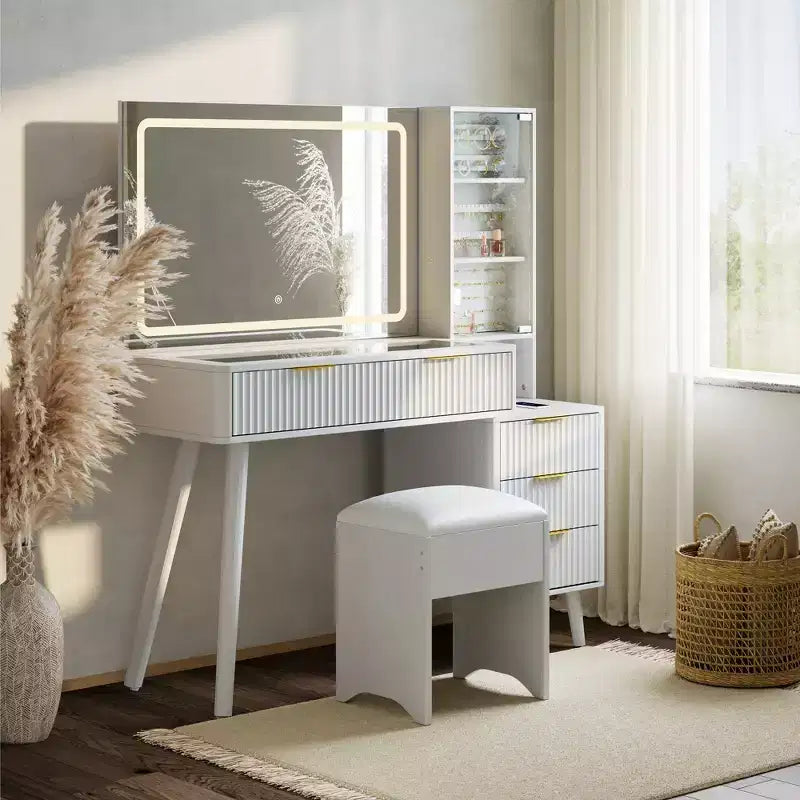 Vanity Desk with Mirror and Lights, 3-Color LED Makeup Vanity with Storage Drawers, Glass Top Dressing Table for Bedroom