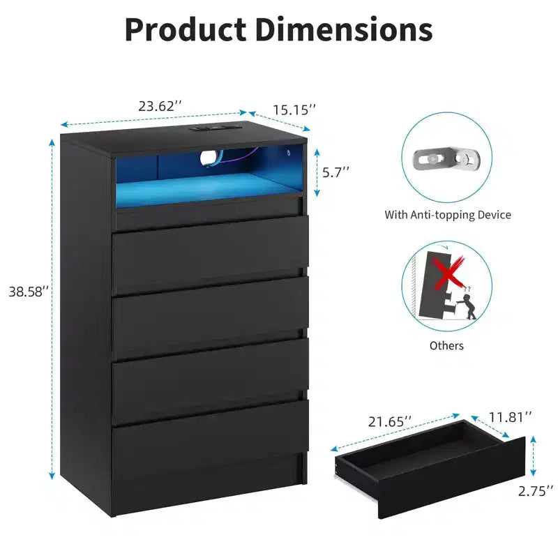 4-Drawer Storage Cabinet, Wooden Country-Style Bedroom Dressing Table, Vintage Design, Suitable for Bedroom, Living Room, Hallway, Black
