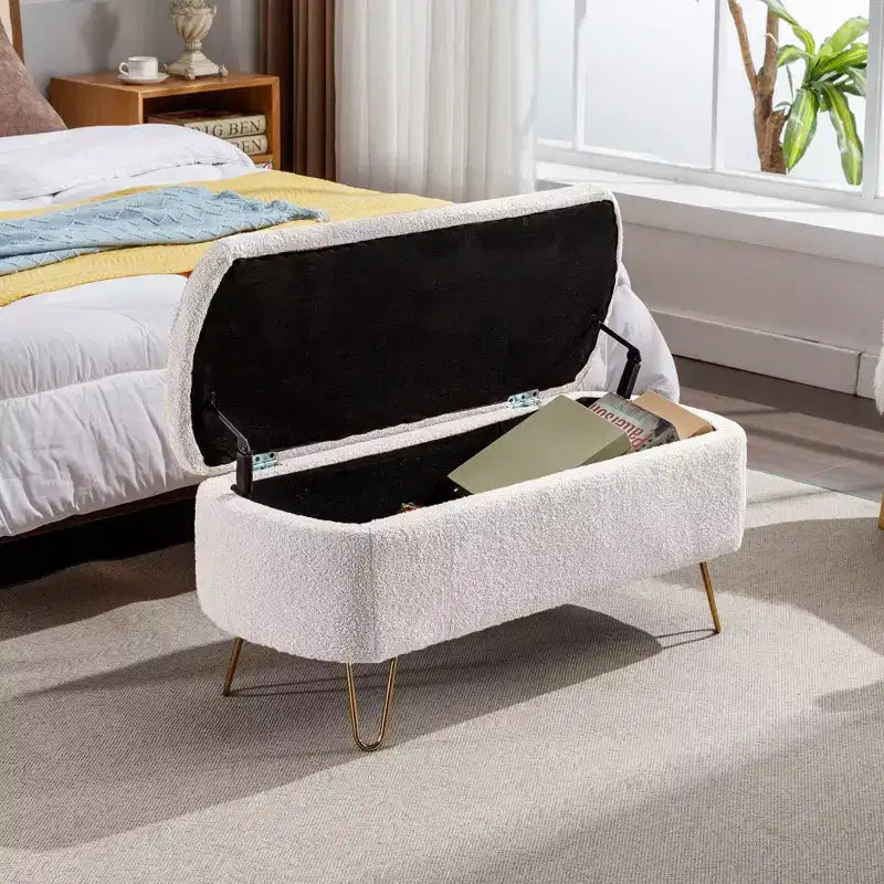 Banc ottoman de rangement moderne avec pieds en métal doré, banc d'entrée en fausse fourrure avec siège rembourré, banc de bout de lit pour le salon