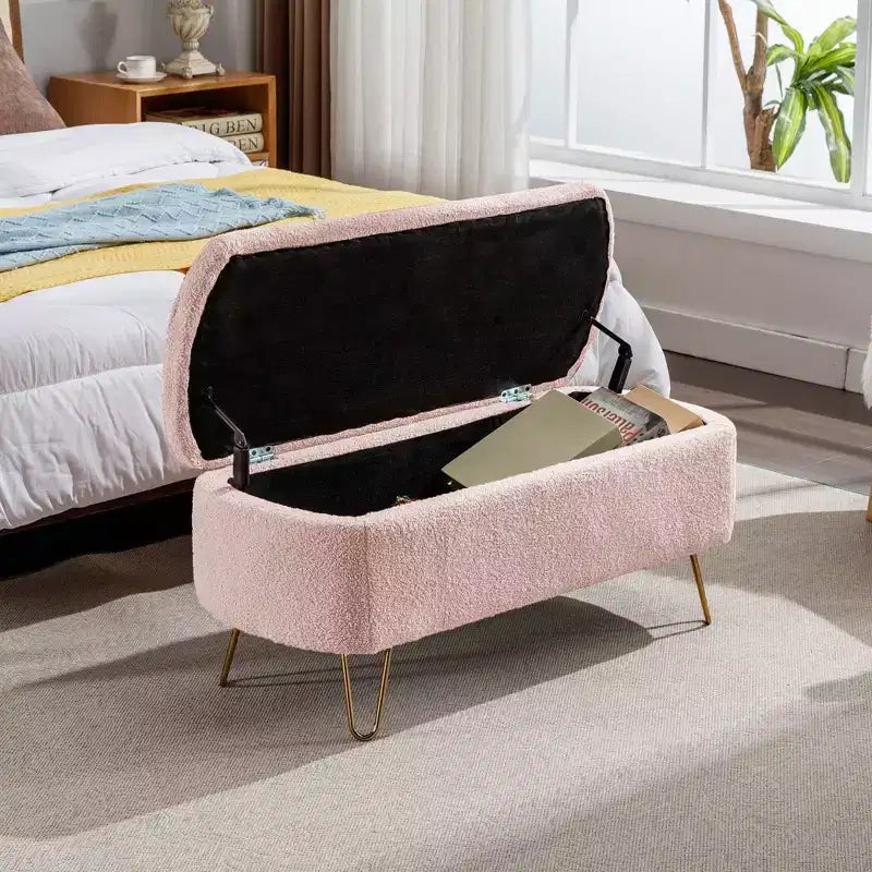 Banc ottoman de rangement moderne avec pieds en métal doré, banc d'entrée en fausse fourrure avec siège rembourré, banc de bout de lit pour le salon
