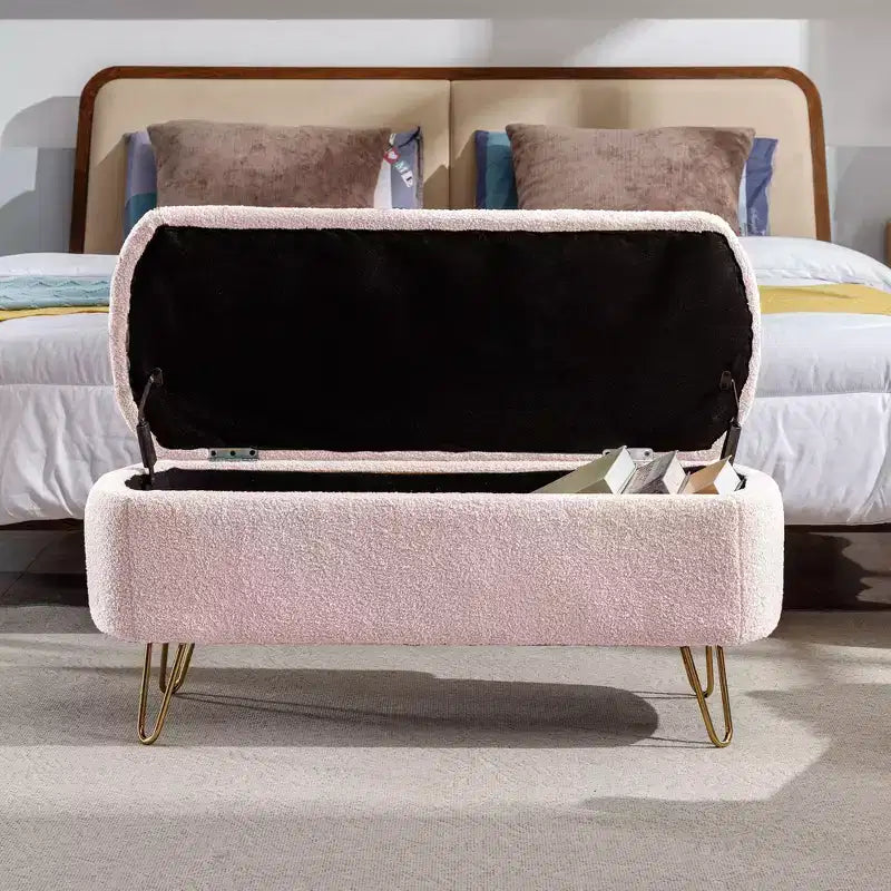 Banc ottoman de rangement moderne avec pieds en métal doré, banc d'entrée en fausse fourrure avec siège rembourré, banc de bout de lit pour le salon