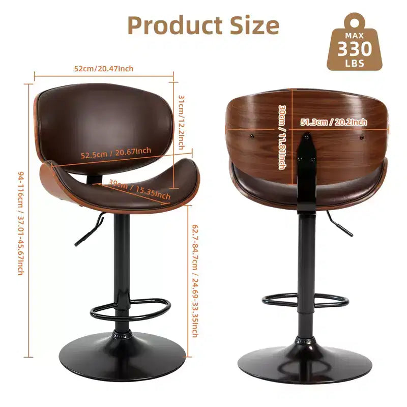 Swivel Bar Stools Set of 2 - Adjustable Counter Height Chairs with Backrest & Footrest, PU Leather, Modern Industrial