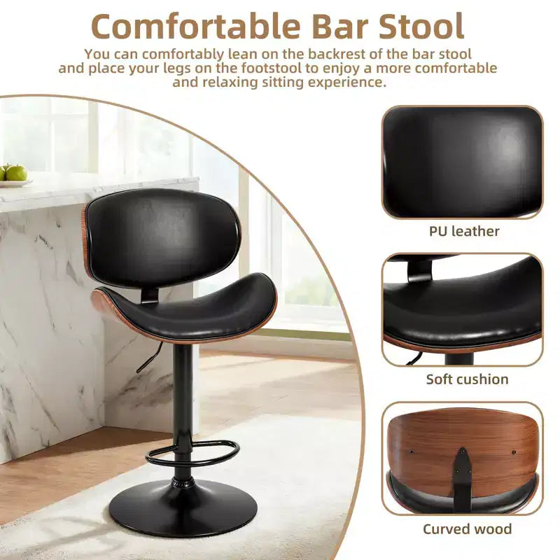 Swivel Bar Stools Set of 2 - Adjustable Counter Height Chairs with Backrest & Footrest, PU Leather, Modern Industrial