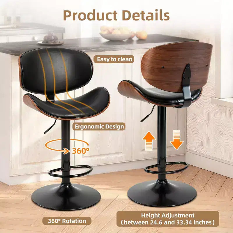 Swivel Bar Stools Set of 2 - Adjustable Counter Height Chairs with Backrest & Footrest, PU Leather, Modern Industrial