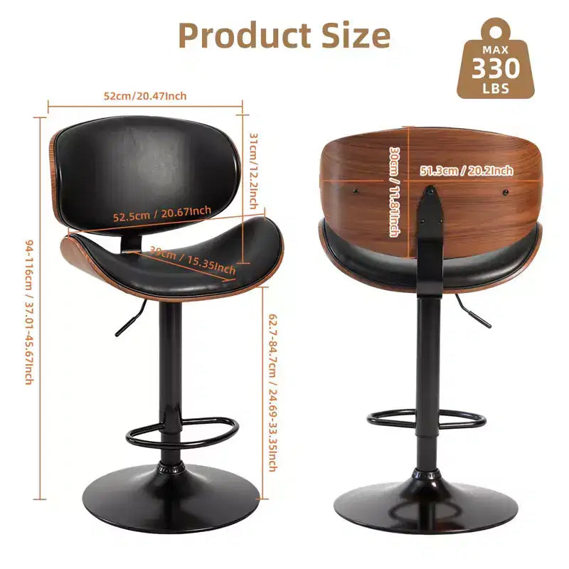 Swivel Bar Stools Set of 2 - Adjustable Counter Height Chairs with Backrest & Footrest, PU Leather, Modern Industrial