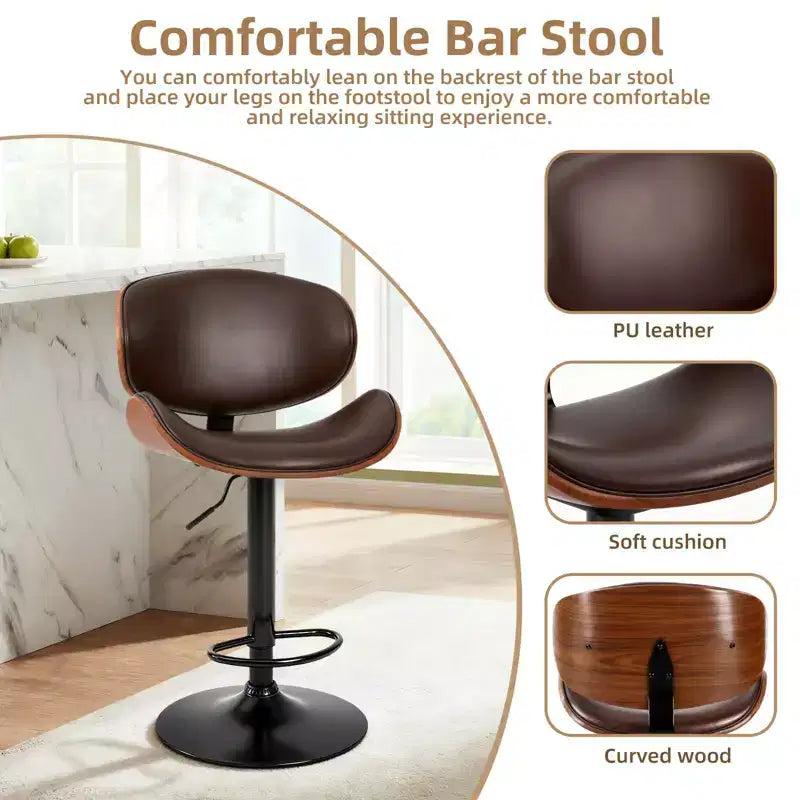 Swivel Bar Stools Set of 2 - Adjustable Counter Height Chairs with Backrest & Footrest, PU Leather, Modern Industrial