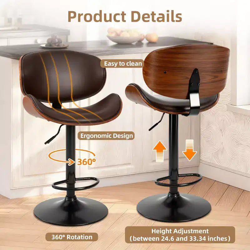 Swivel Bar Stools Set of 2 - Adjustable Counter Height Chairs with Backrest & Footrest, PU Leather, Modern Industrial