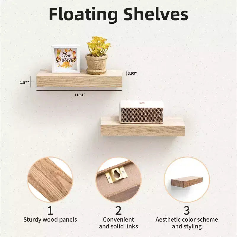 11.8 Maple Floating Shelf C invisible-bracket wood wall mount, perfect bathroom/bedroom/kitchen dcor or book/plant display, easy install.