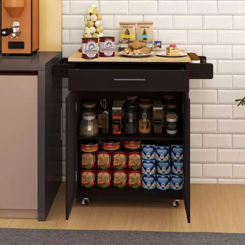 Îlot de cuisine roulant avec plateau en bois d'hévéa, îlot de cuisine à roulettes avec tiroir, étagères réglables, porte-serviettes et porte-épices pour cuisine, salle à manger