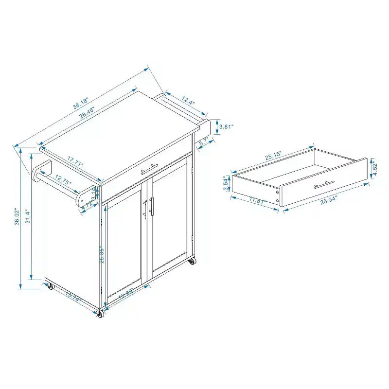 Îlot de cuisine roulant avec plateau en bois d'hévéa, îlot de cuisine à roulettes avec tiroir, étagères réglables, porte-serviettes et porte-épices pour cuisine, salle à manger
