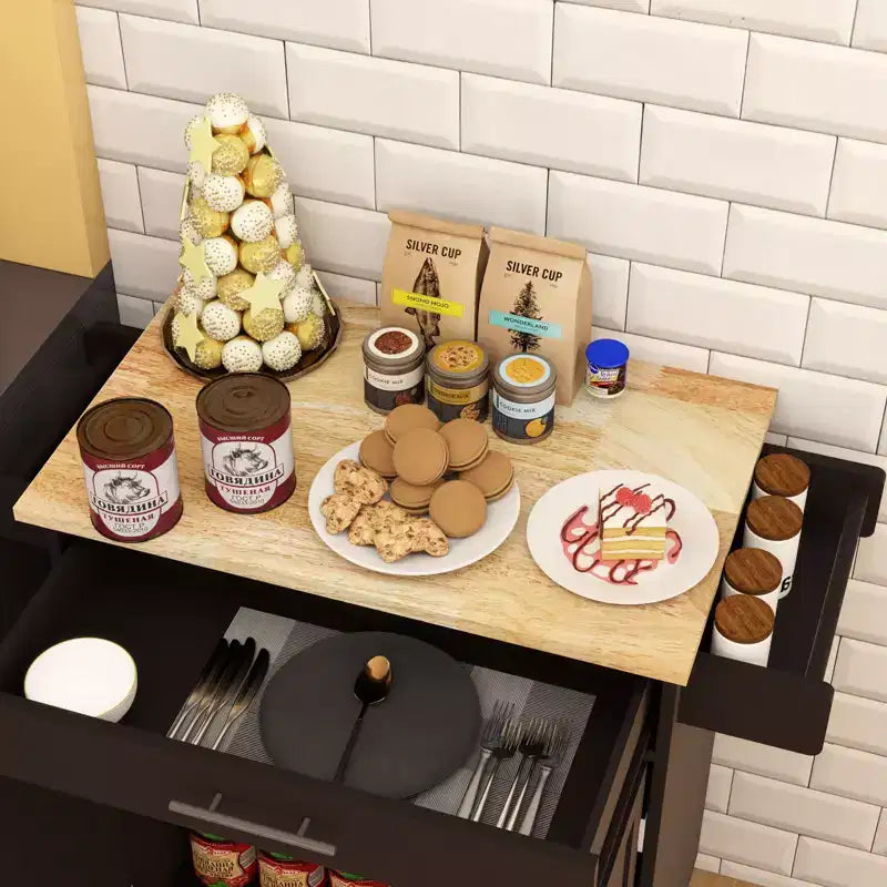 Îlot de cuisine roulant avec plateau en bois d'hévéa, îlot de cuisine à roulettes avec tiroir, étagères réglables, porte-serviettes et porte-épices pour cuisine, salle à manger